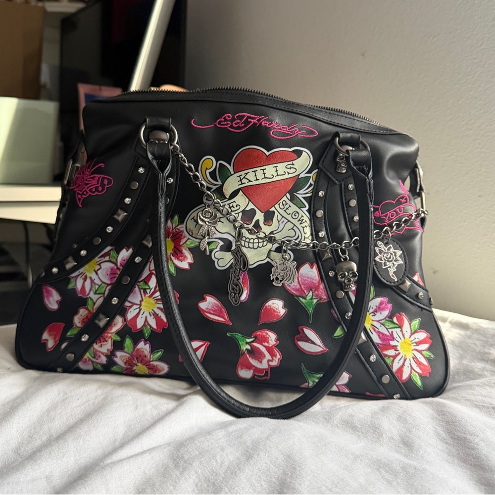 Ed Hardy Black and Pink Floral Shoulder Bag